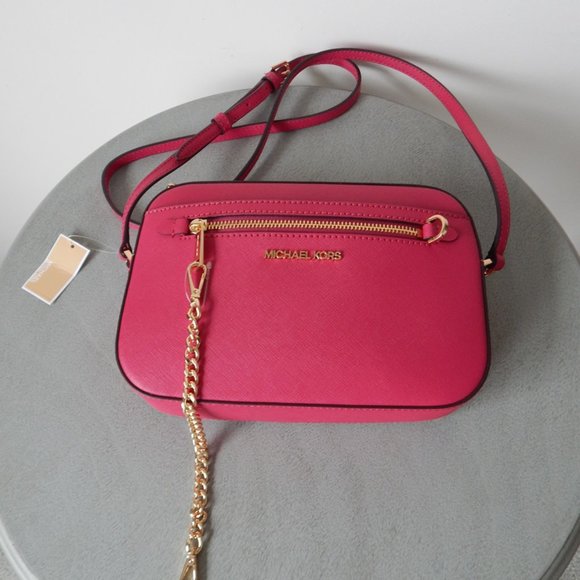 NWT Michael Kors Jet Set Item Leather LG EW Zip Chain Carmine Pink XBody Bag - Picture 12 of 14